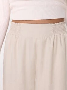 SHEIN CURVE+ 大尺碼女款素色百褶休閒百搭日常穿著長褲 - 卡其色 - 查看 5