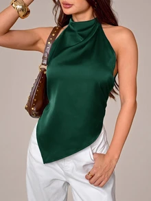 SHEIN PETITE 女款性感露背掛脖上衣，優雅適合派對、通勤與度假，夏季穿著 - 墨綠色 - 查看 5