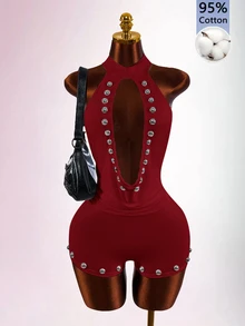 Amplova Women's Street Style Rivet Open Back Sexy Jumpsuit - Burgundy - View 2
