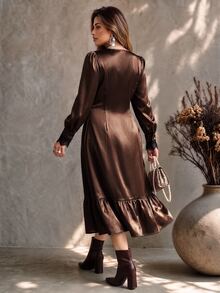 Ceyna Plus Size Women's V-Neck Lace Trim Satin Elegant Dress - Brown - View 2