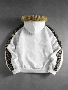 ROMWE MEN Men's Leopard Print Patchwork Plush Hat Autumn Winter Loose Streetwear Sweatshirt Hoodie - Multicolor - View 2
