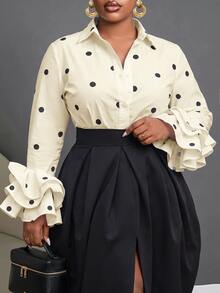 Slaydiva Women Plus Size Polka Dot Shirt With Turn Collar Long Sleeve Multi-Layer Cuff Design Fall - Apricot - View 4