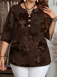 Mellowie Brown Tie-Dye Floral Casual Minimalist Plus Size Shirt, Suitable For Spring And Autumn Wear - Multicolor - View 5