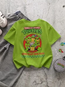 TEENAGE MUTANT NINJA TURTLES | SHEIN 小男孩卡通烏龜與字母圖案圓領短袖可愛T恤 - 綠色 - 查看 1