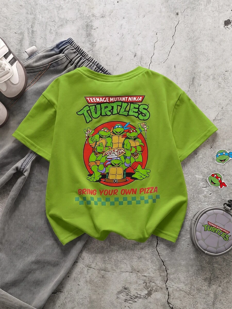 TEENAGE MUTANT NINJA TURTLES | SHEIN 小男孩卡通烏龜與字母圖案圓領短袖可愛T恤 - 綠色 - 查看 1