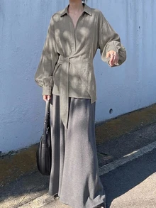 DAZY 女款半鈕扣側綁帶套頭休閒優雅襯衫 - 灰色 - 查看 7