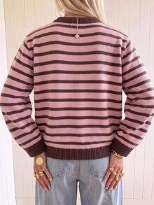 SHEIN EZwear 海外長袖寬鬆草莓巧克力條紋女款毛衣，秋季毛衣，適合日常通勤、派對、秋冬春夏、聖誕節、新年、感恩節、派對、婚禮、海灘、畢業典禮、優雅、外出、約會、通勤、情人節、度假、Y2K、畢業典禮等場合 - 彩色 - 查看 2