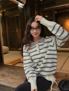 DAZY Sweater Wanita Berkerah Motif Garis Lengan Panjang Gaya Korea untuk Musim Gugur/Dingin - Light Grey - View 4