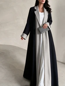 Yasmyna Women Black Grey Contrast Lapel Front Wide Sleeve Open Front Abaya Coat Dubai Middle East Fall Formal Kaftan Robe - Multicolor - View 1