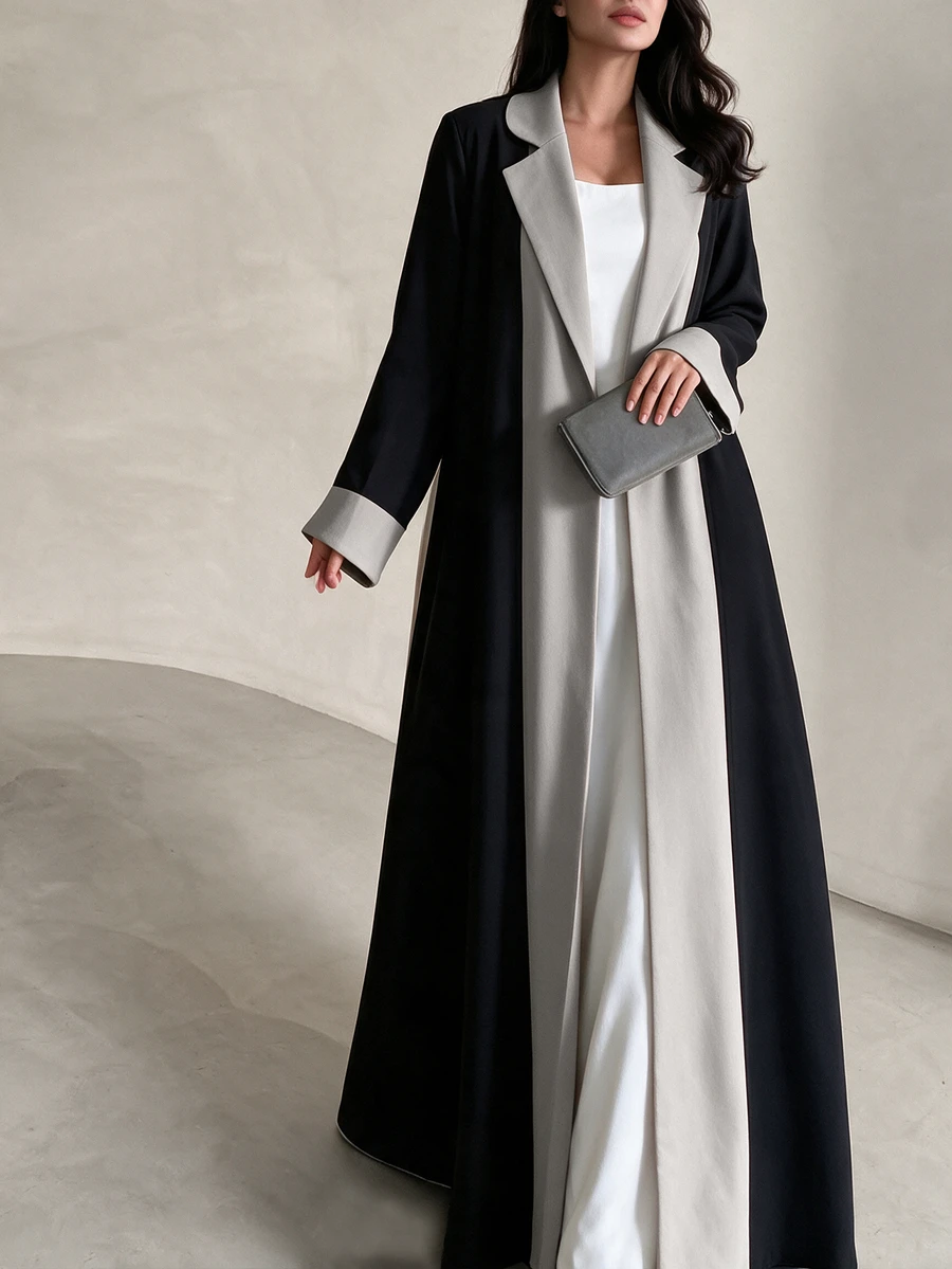 Yasmyna Women Black Grey Contrast Lapel Front Wide Sleeve Open Front Abaya Coat Dubai Middle East Fall Formal Kaftan Robe - Multicolor - View 1