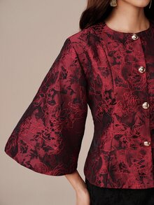 BELROSIE 女款前開鈕扣燈籠袖修身西裝外套，酒紅色，適合聖誕晚餐、職場、秋季，優雅風格 - 彩色 - 查看 7