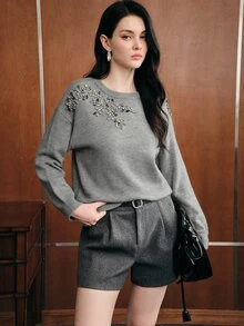 Anewsta Women's New Autumn Knit Sweater Top With Heavy Hand-Embellished Rhinestones, Round Neck Pullover - Grey - View 6