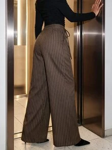 SHEIN SXY Women's Striped Casual Versatile Daily Wear Long Pants - Brown - View 3