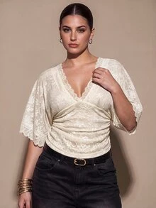 SHEIN BAE CURVE Áo blouse xếp ly phối ren phong cách lãng mạn ngọt ngào size lớn - Màu be - Xem 6