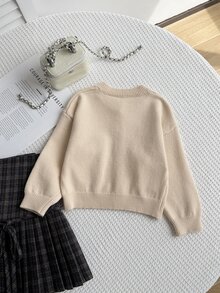 SHEIN Vintaside Kids 女童粉色圓領針織開襟毛衣，柔軟田園風，3D毛巾繡花蝴蝶結，可愛甜美卡通休閒款，適合秋冬外出、旅行、玩耍與戶外遠足 - 黃色 - 查看 2