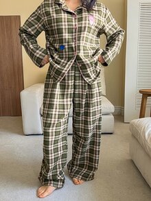 Dazy Plus Fashion Plaid Cartoon Print Loose Long Sleeve Top & Pants 2pcs Set Loungewear Pajama Outfit - Olive Green - View 3