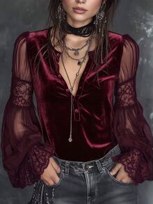 LUMIGAL Vintage Elegant Commuter Sheer Sleeve Lace Trim Velvet Flared Long Sleeve Blouse - Burgundy - View 1