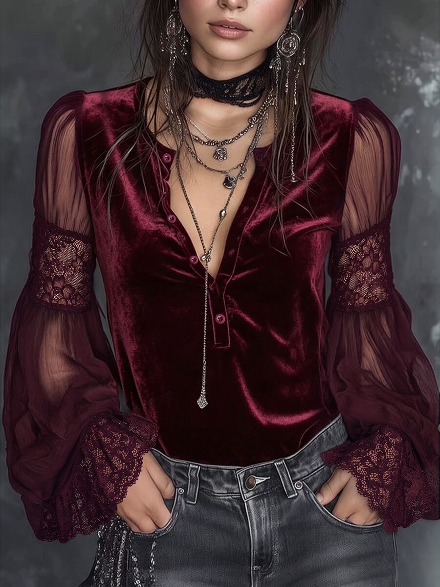 LUMIGAL Vintage Elegant Commuter Sheer Sleeve Lace Trim Velvet Flared Long Sleeve Blouse - Burgundy - View 1
