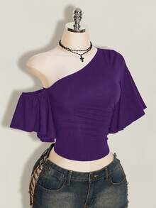 SHEIN ICON 女款性感不對稱單肩抓皺收腰上衣，適合約會穿著 - 紫色 - 查看 9