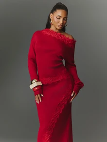 NYA SZN Women's Elegant Asymmetrical Shoulder Lace Patchwork Knit Top - Burgundy - View 5