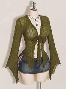 SHEIN ICON Y2K棕色秋季不對稱下擺喇叭袖復古植絨網紗透視前開襟女款上衣 - 軍綠色 - 查看 8
