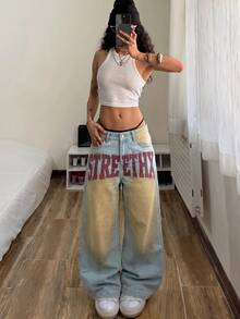 StreetHx Letter Graphic Washed Wide Leg Jeans - Blue - View 1
