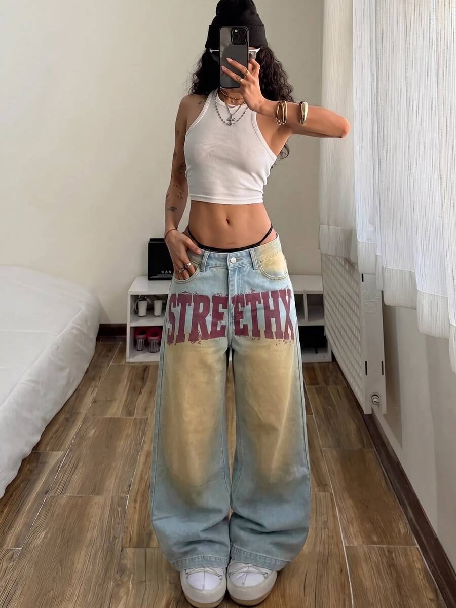StreetHx Letter Graphic Washed Wide Leg Jeans - Blue - View 1