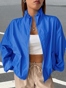 SHEIN EZwear 秋冬款拉鍊式落肩夾克外套 - 寶藍色 - 查看 1