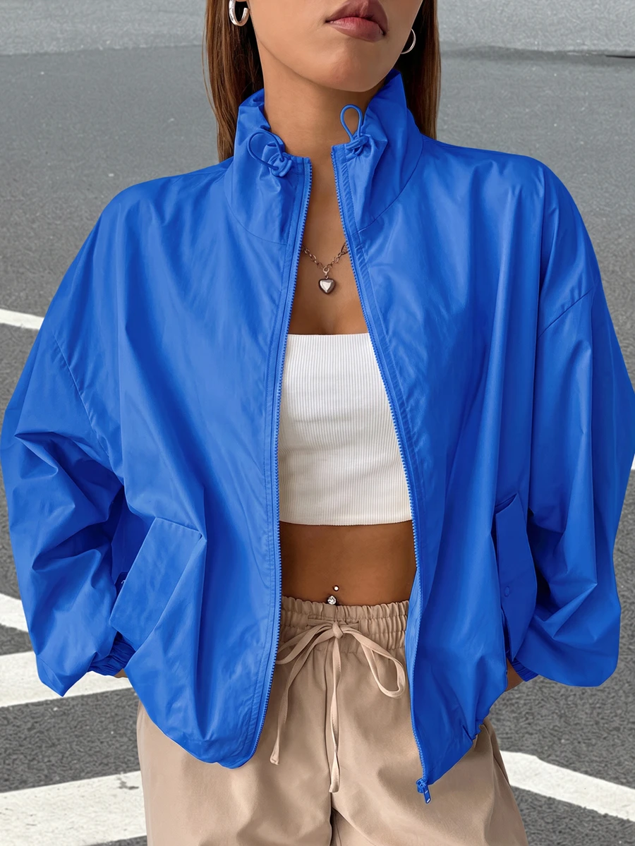 SHEIN EZwear 秋冬款拉鍊式落肩夾克外套 - 寶藍色 - 查看 1