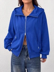 SHEIN EZwear 女款前拉鍊長袖口袋連帽衫， - 寶藍色 - 查看 6