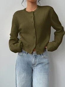 SHEIN Tall CURVE 大尺碼女款純色休閒百搭日常穿搭針織開襟衫 冬季 - 軍綠色 - 查看 4