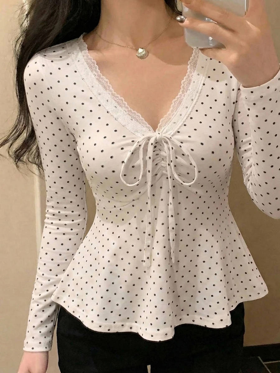 DAZY 女款夏季波點滿版印花抓皺無袖V領套頭休閒背心上衣 - 白色 - 查看 1