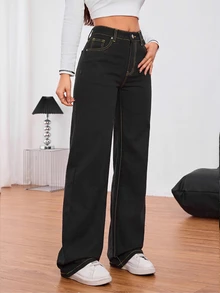 SHEIN Tall 女款純色極簡牛仔褲，適合約會、度假、派對、日常穿著、聚會、戶外活動 - 黑色 - 查看 5