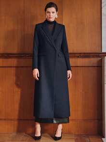 Anewsta 都市現代休閒通勤百搭日常色女款長版西裝外套 - 藏蓝色 - 查看 5