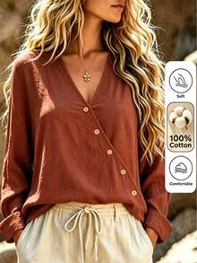 Balvessa Women's Traceable Cotton Asymmetric Placket Button Decor Long Sleeve Shirt - Orange - View 1