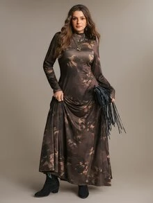 Freevana 大尺碼女款花卉印花半高領收腰顯瘦修身長袖洋裝 - 棕色 - 查看 4