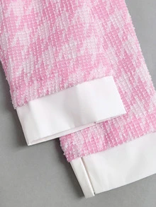 Sweetra American Style Commuter Girl Two Pieces Set, Stand Collar 2 In 1 Design Outerwear With Unique Pleated Slimming Textured Fabric Skirt, Early Autumn Bright Color Fashion Women's Two Pieces Set - Pink - View 7