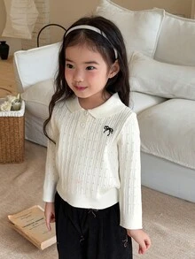 DAZY 女嬰刺繡蝴蝶結裝飾 Polo 領鏤空針織毛衣 - 白色 - 查看 7