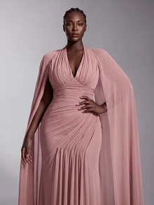 Elitara Plus Size New Elegant Glamorous Pink Mesh V-Neck Flutter Sleeve Ruched Decor Fitted Bodycon Mermaid Hem Long Evening Gown Dress For Wedding Events And All Formal Occasions - Dusty Pink - View 5