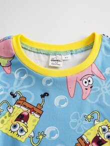 SpongeBob SquarePants | SHEIN 小男孩圓領卡通角色印花T恤與長褲家居服套裝 - 藍色 - 查看 3