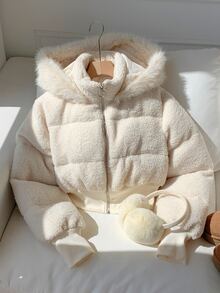 Comfortcana Women's Versatile Elegant Faux Fur Patchwork Hooded Thick Coat - White - View 1