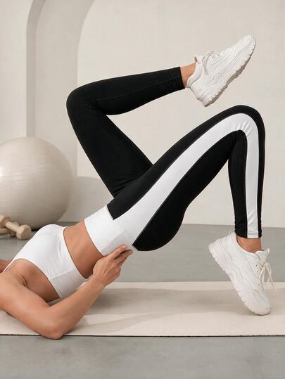 Eassivo Eassivo Legging Esportiva Feminina de Outono/Inverno com Blocos de Cor Preto e Branco Escovado para Yoga, Treino, Fitness e Corrida