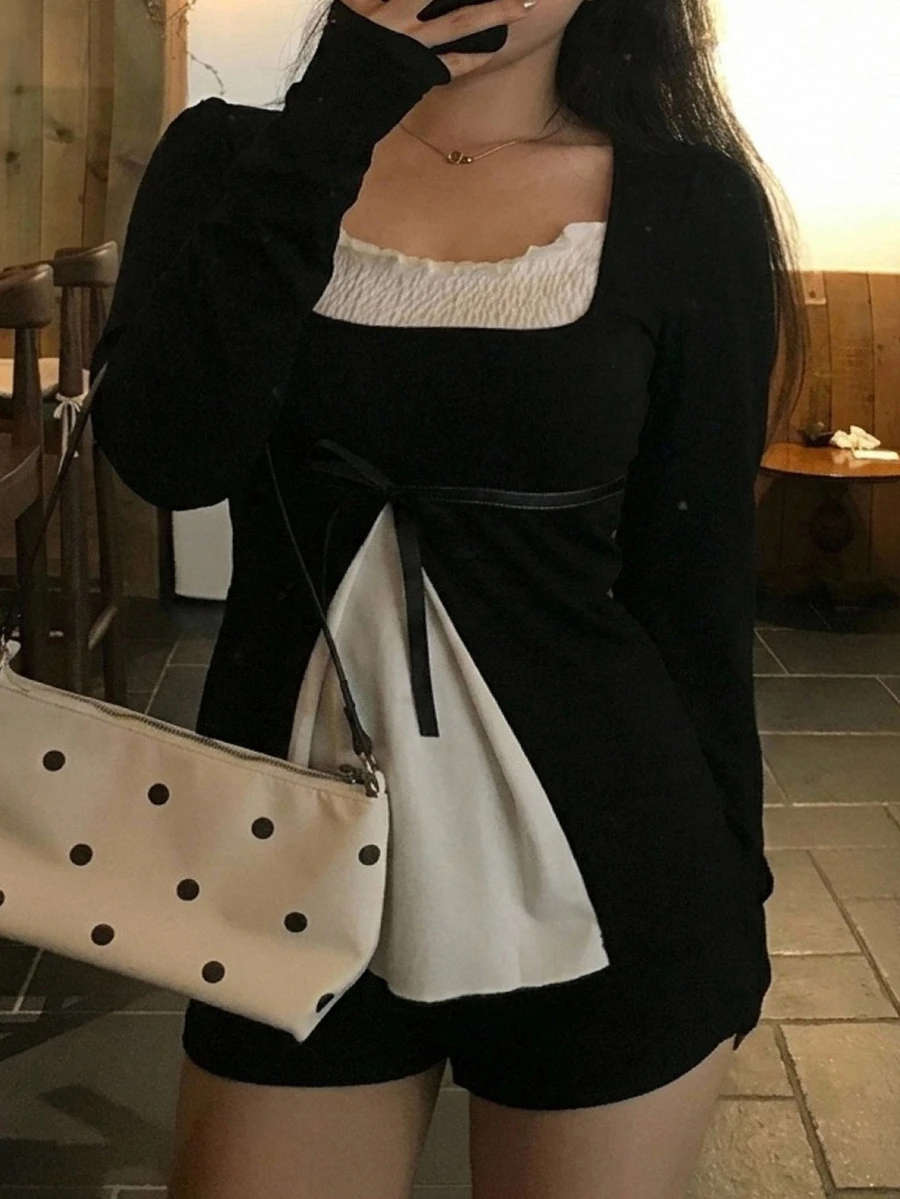 Dazy Plus Colorblock Patchwork Fitted Long Sleeve Asymmetrical Design Black Spring Autumn New T-Shirt - Black - View 1