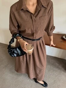Dazy Plus Spring & Autumn New Casual Style Shirt & A-Line Skirt 2pcs Set - Brown - View 1
