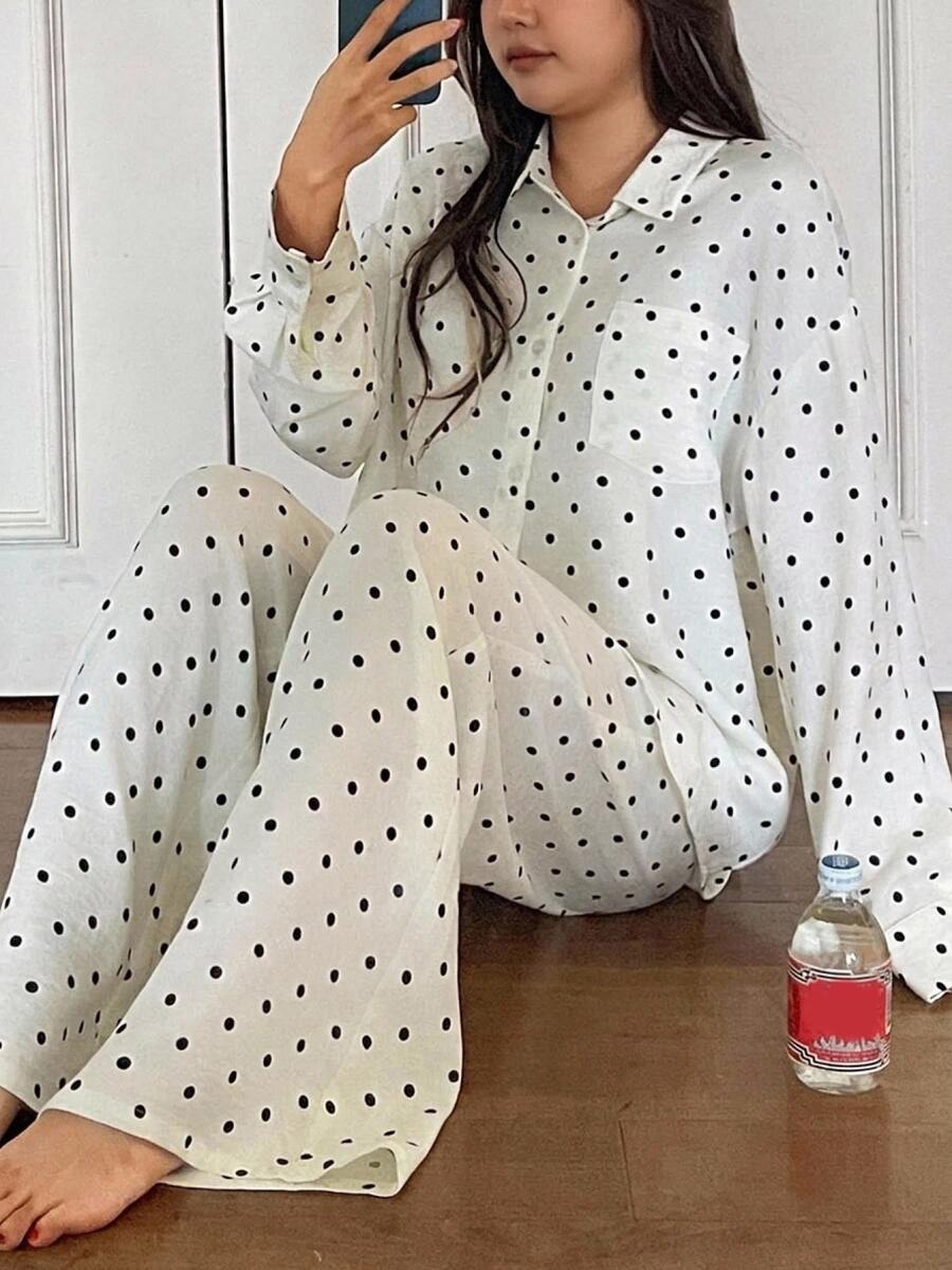Dazy Plus Setelan Piyama Rumahan 2 Potong Celana Panjang Putih Longgar Motif Polkadot Gaya Korea - Putih - View 1