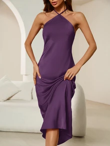 Aveloria Modichic 女款露背掛脖綁帶洋裝，適合度假、派對、生日及正式場合穿著 - Bold Plum - 查看 4