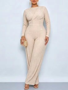 SOLERSUN Plus Size Women's Autumn/Winter Casual Commute Party Textured Elastic Sequin Fabric Round Neck Long Sleeve Ruched Wide Leg Jumpsuit Fall - Apricot - View 4