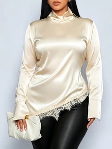 SOLERSUN Plus Size Satin High Neck Long Sleeve Blouse Asymmetrical Lace Office Brunch Date Daily Streetwear - Apricot - View 6
