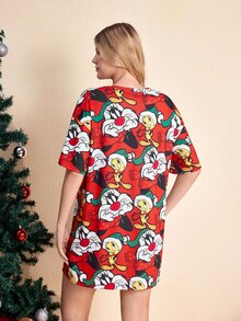 LOONEY TUNES X SHEIN Women's Cartoon Print Short Sleeve Comfortable Nightgown - Red - View 2