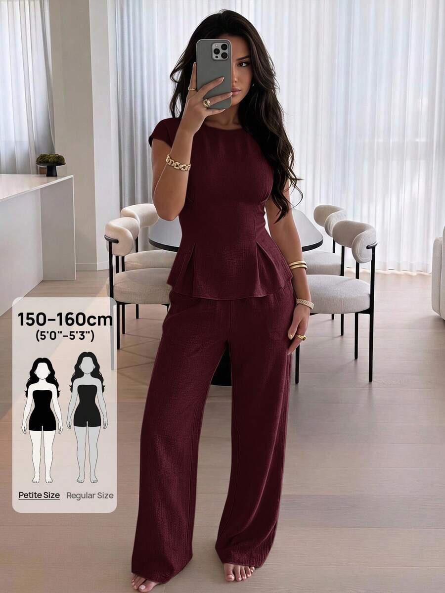 SHEIN PETITE 女款收腰百褶襯衫與寬腿褲兩件套 - 酒紅色 - 查看 1